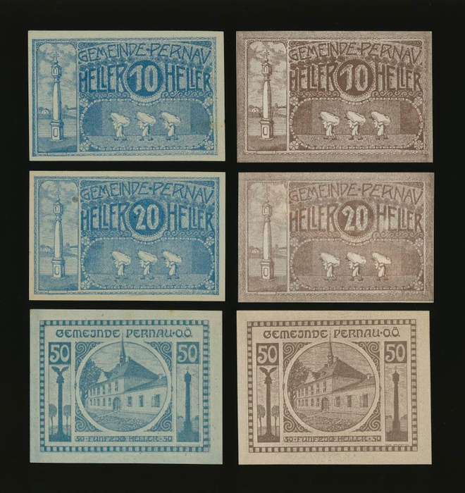 Itävalta Notgeld 2x10, 2x20, 2x50 Heller, Pernau 1920