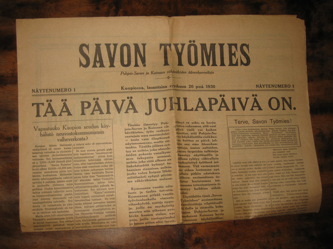 Sanomalehti  Savon Työmies  , 20.9.1930  1. numero