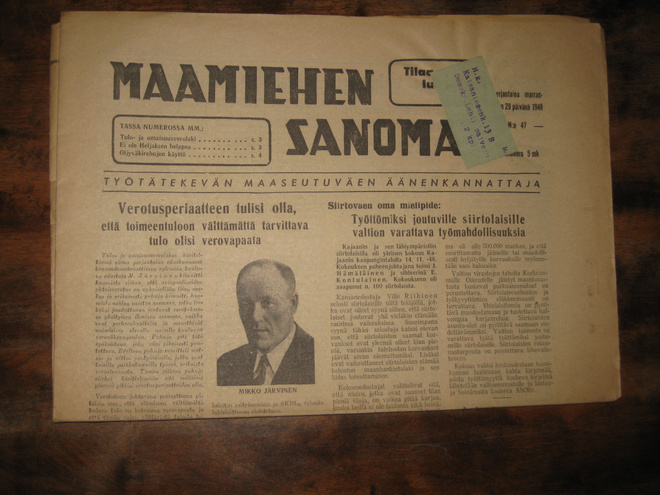 Sanomalehti  Maamiehen sanomat 29.11.1948