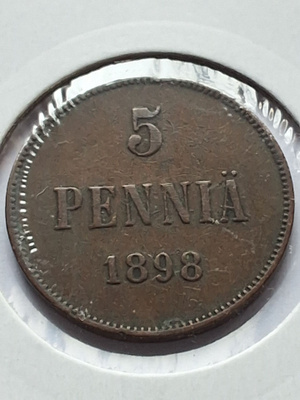 5 PENNIÄ 1898 Erittäin kaunis vanha raha!