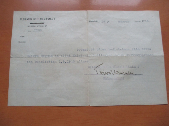 1920 Helsingin sotilassairaala palvelustodistus