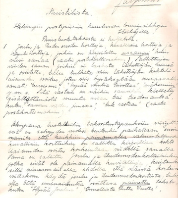 Posti 1933, käsin kirjoitetut ohjeet joulukorteille.