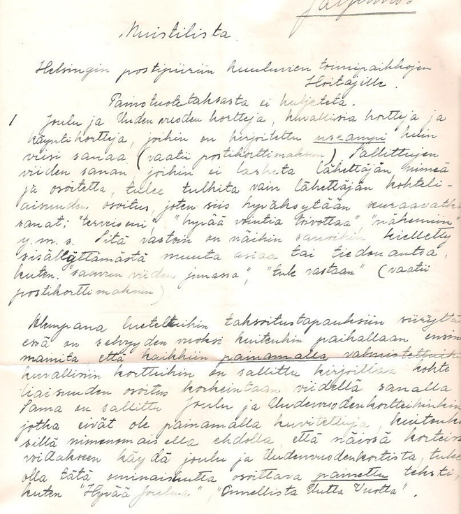 Posti 1933, käsin kirjoitetut ohjeet joulukorteille.