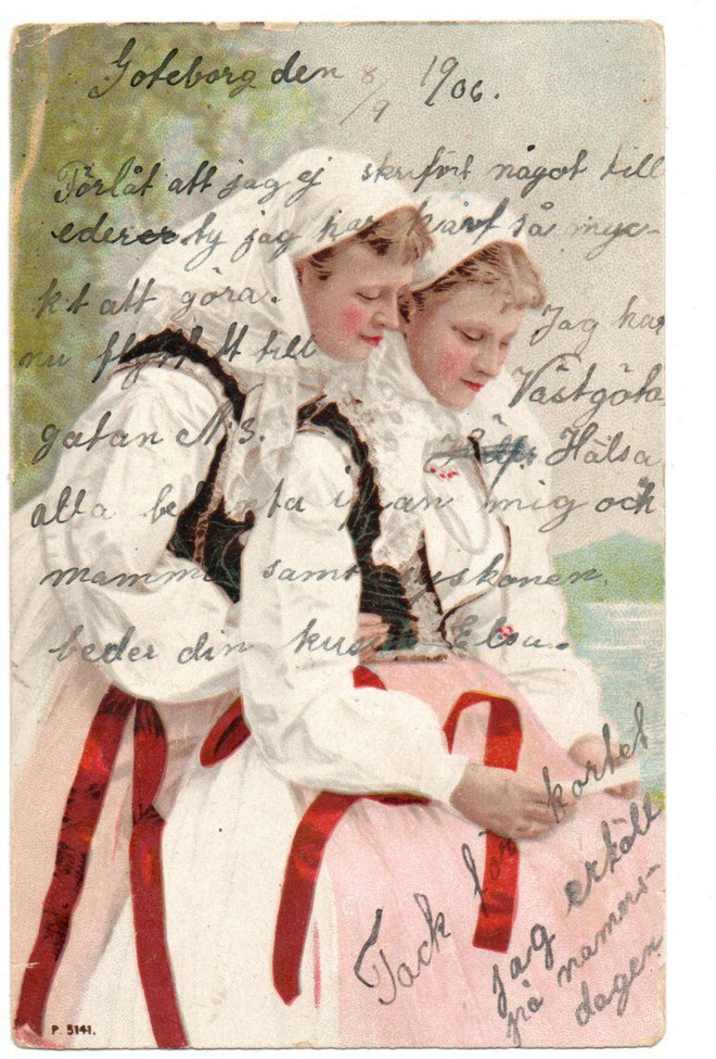 Vanha kortti, kansallispukuiset naiset, vuodelta 1906