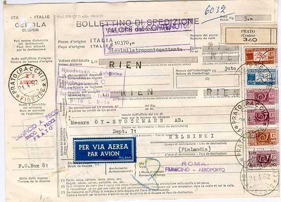 Italia 1962 pakettikortti Suomeen