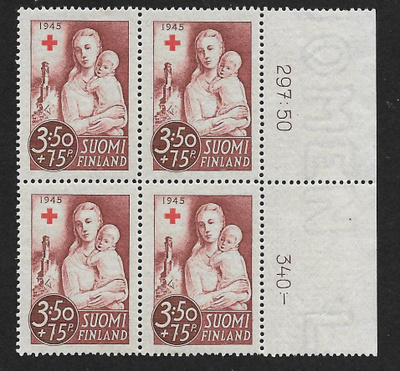 Punainen risti 1945 3,50+0,75mk (LAPE 4x293) ** nelilö