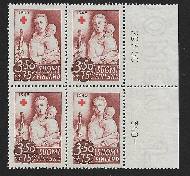 Punainen risti 1945 3,50+0,75mk (LAPE 4x293) ** nelilö