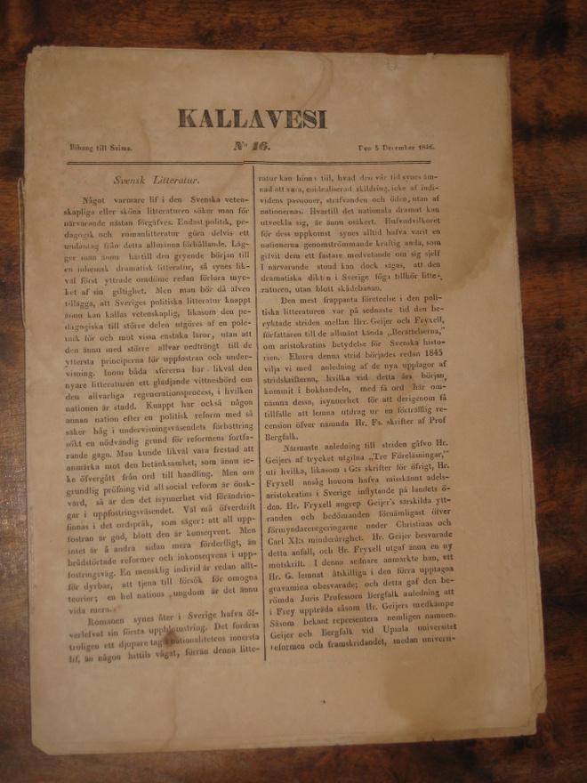 Sanomalehti: Kallavesi 5.12.1846 (Saima-liite)