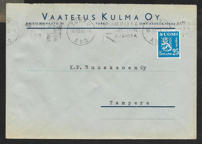 Postilähetys - Yl.m. 25mk (LAPE 401) Turku 10.12.1952