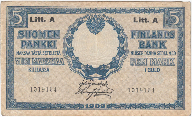 5 Markkaa 1909 Litt.A kl.4