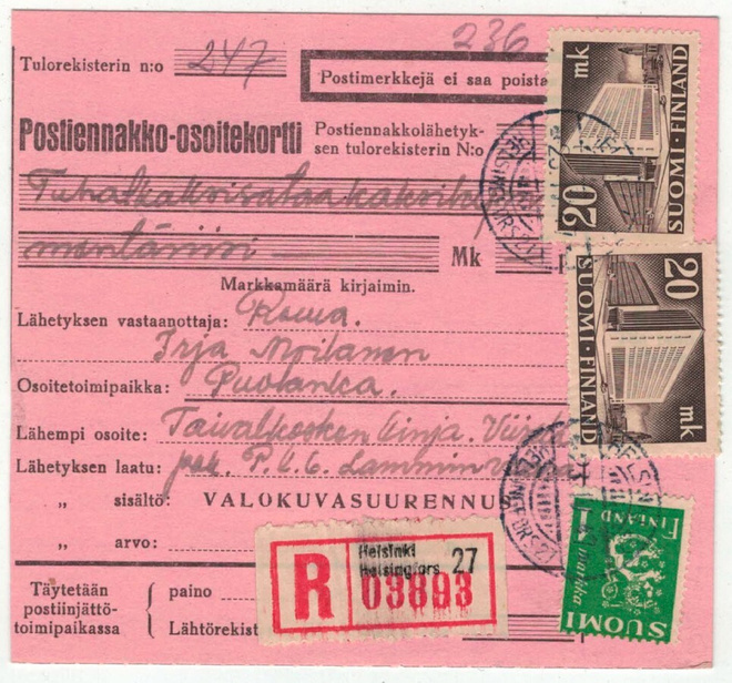 M30 1947 kirjattu postiennakkopaketti