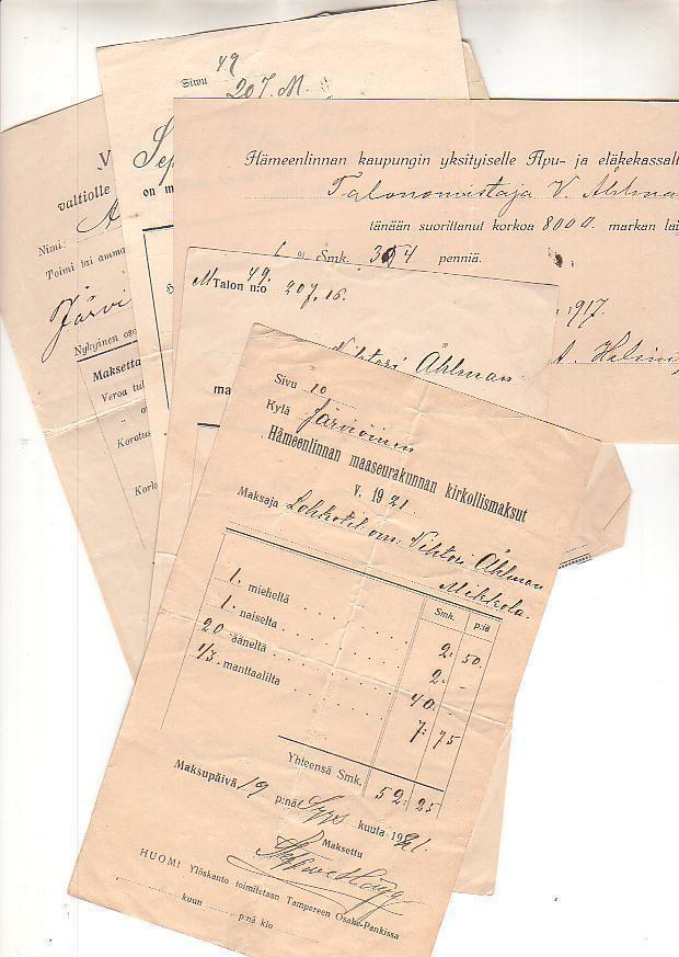 Maksukuitti, veroista, 5 kpl. , 1910-1920 lukua.