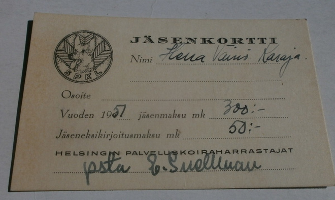 Helsinki, Helsingin Palveluskoiraharrast. Jäsenkortti 1951