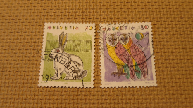 Sveitsi 1991: käyttömerkkejä - jänis ja pöllö