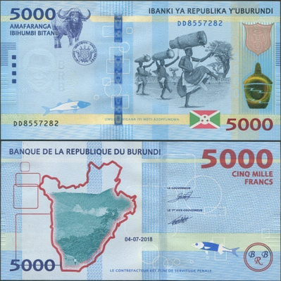 Burundi 5000 Francs 2018 (2019) UNC uudet turvatek./paperi