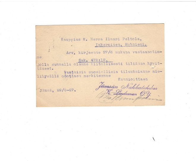 POSTILÄHETYS JÄMSÄ  NAHKATEHDAS K. LINDEMAN OY