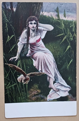 Leidi synkässä metsässä, pöllö pakenee, vanha väripk p. 1907