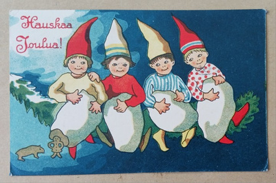 Neljä tonttua oksalla tyynyt mukanaan, pipareitakin, p. 1929
