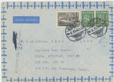 M30 1946 lentokirje USAhan