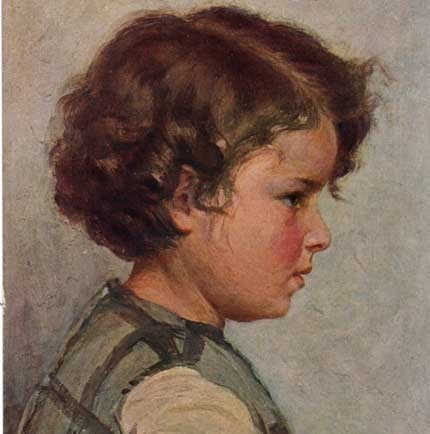 LAPSET / Tumma kiharapäinen lapsi sivusta kuvattuna. 1920-l.