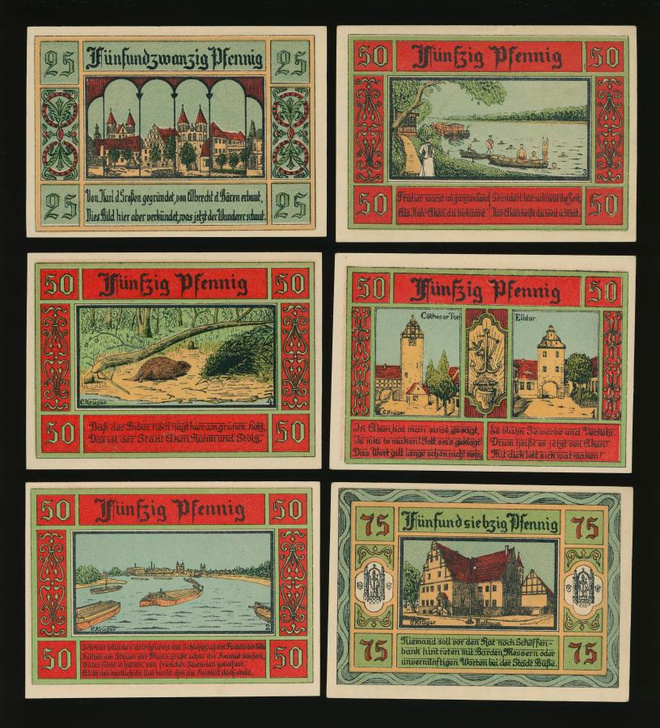 Saksa Notgeld 25, 4 x 50, 75 Pfg, Aken-Elbe 1921