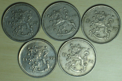 SUOMI 1 markka 5 kpl 1928 1930 1937 1938 1939