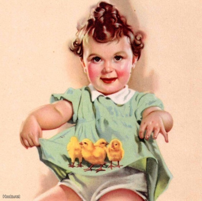 LAPSET / Pieni tyttö ja tipuja mekon helmassa. 1940-l.