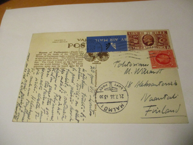 1935 Lontoo lentopostikortti via Malmö Naantaliin