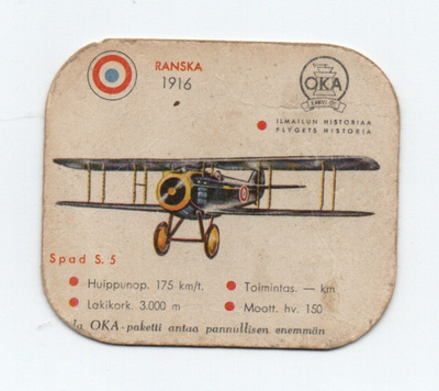 Kahvilappu OKA. Lentokone. Spud S. 5. RANSKA 1916