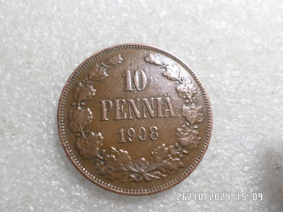 10 penniä 1908   kulkematon tasaisesti patinoitunut, kl 9
