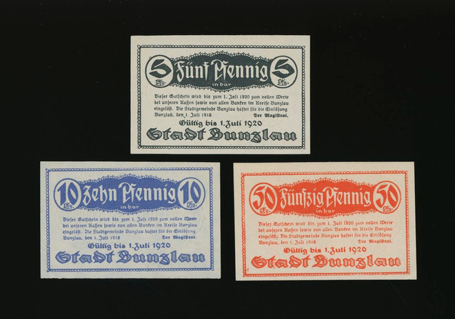 Saksa Notgeld 5, 10, 50 Pfennig, Bunzlau 1.7.1918