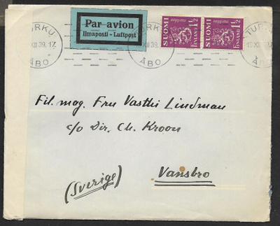 Postil. - Yl.m. 1,50 (LAPE 2x152) Åbo 19.12.39 + sensuuri