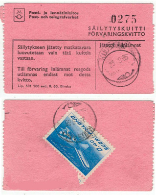 1963 Finnair 40p postiautoaseman säilytyskuitti