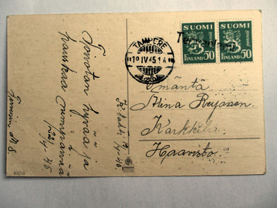 1945 Tervaniemi (Kuhmalahti) rivil + Tampere kortti