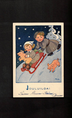 Sotilaspostikortti, Sotilaspoika, lottatyttö laskee mäkeä
