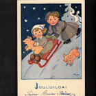 Sotilaspostikortti, Sotilaspoika, lottatyttö laskee mäkeä - pikkukuva 1