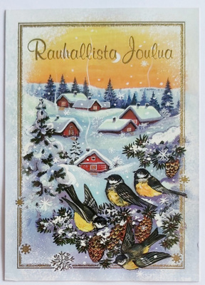 "LINNUT OKSILLA..TAUSTALLA TALOT"-KULKEMATON JOULUKORTTI