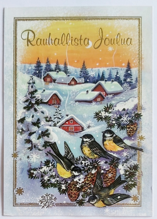 "LINNUT OKSILLA..TAUSTALLA TALOT"-KULKEMATON JOULUKORTTI