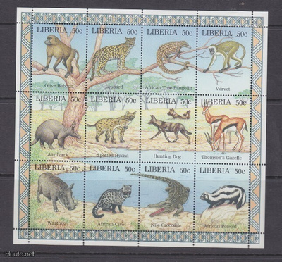 Liberia eläimiä aiheinen blokki postituoreena