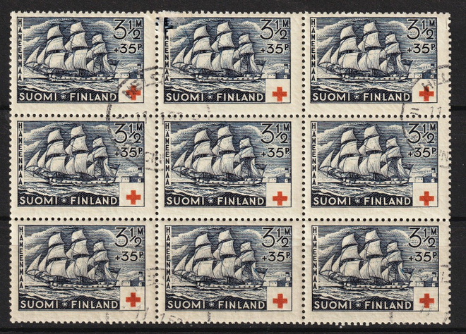 1937 Punaisen Ristin arkinosa (9kpl) leimattuna