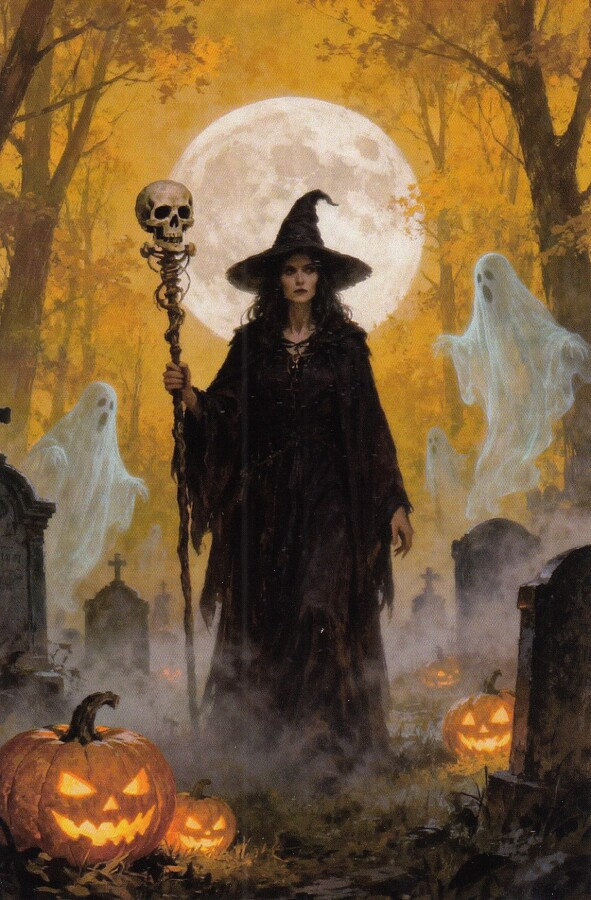 Halloween noita hautausmaalla, haamut ja kurpitsat
