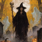 Halloween noita hautausmaalla, haamut ja kurpitsat - pikkukuva 1