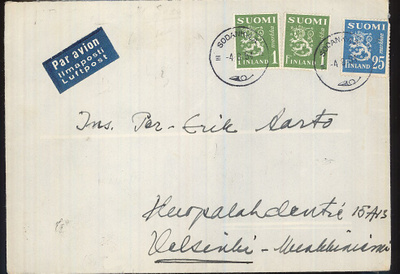 M30 1954 lentokirje Sodankylästä Helsinkiin