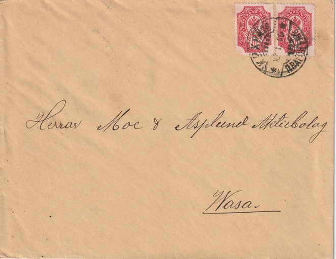 1906 10p punainen pari kirjeessä Vaasaan junaleimalla.
