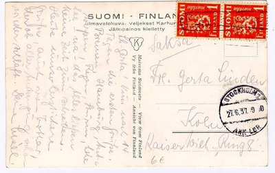 M30 1930 1 mk pari kortillai Saksaan 1937 - PAQUEBOT-leima