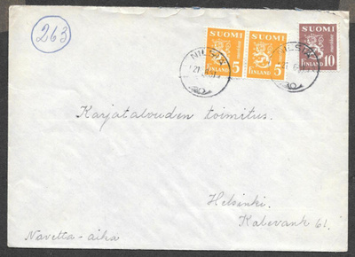 Postilähetys - Yl.m. 5+10mk (LAPE 311+380) Nilsiä 21.6.1951