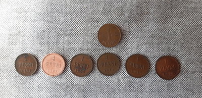 1 pennin raha 6 kpl, autonomian ajalta v. 1907 - 1916