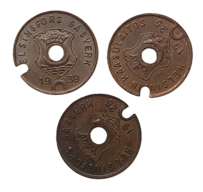 3x Helsingin Kaasulaitos kaasurahake poletti 1939 ja 2x 1925