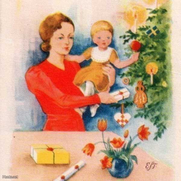 ÄITI / Nuori äiti ja lapsi joulukuusen luona. 1940-l.