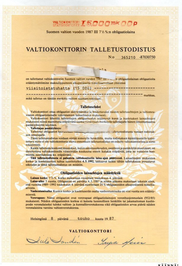Valtiokonttorin talletustodistus vuodelta 1987/ III